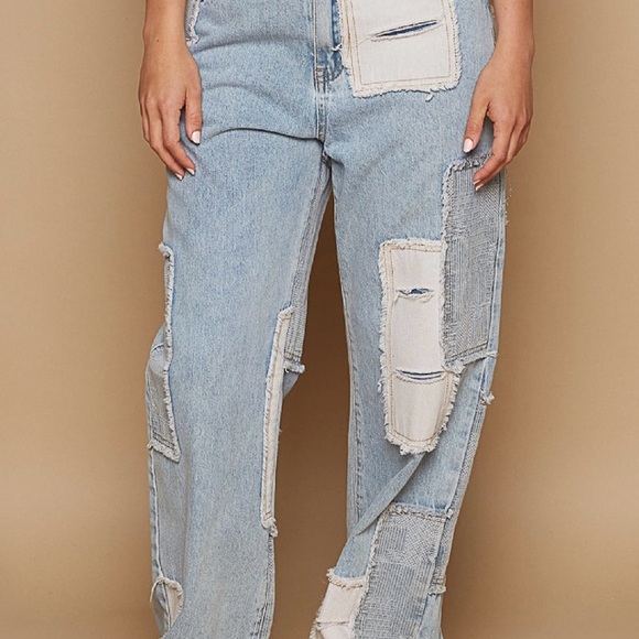 POL Blue and Cream Patchwork Boyfriend Jeans - Picture 2 of 6
